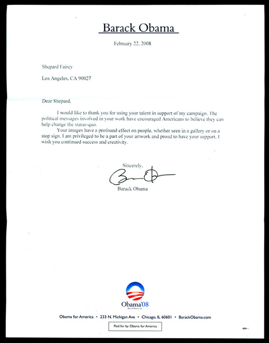 A letter from Barack Obama to Shepard Fairey